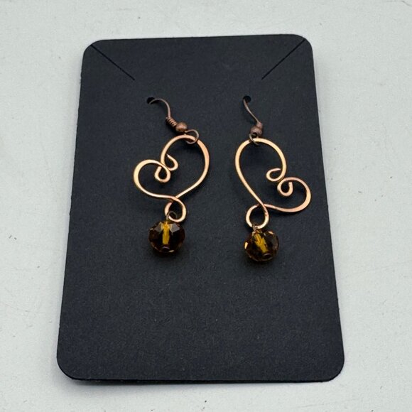 Handcrafted Copper Heart Earrings With Amber Glass Beads - Picture 1 of 2